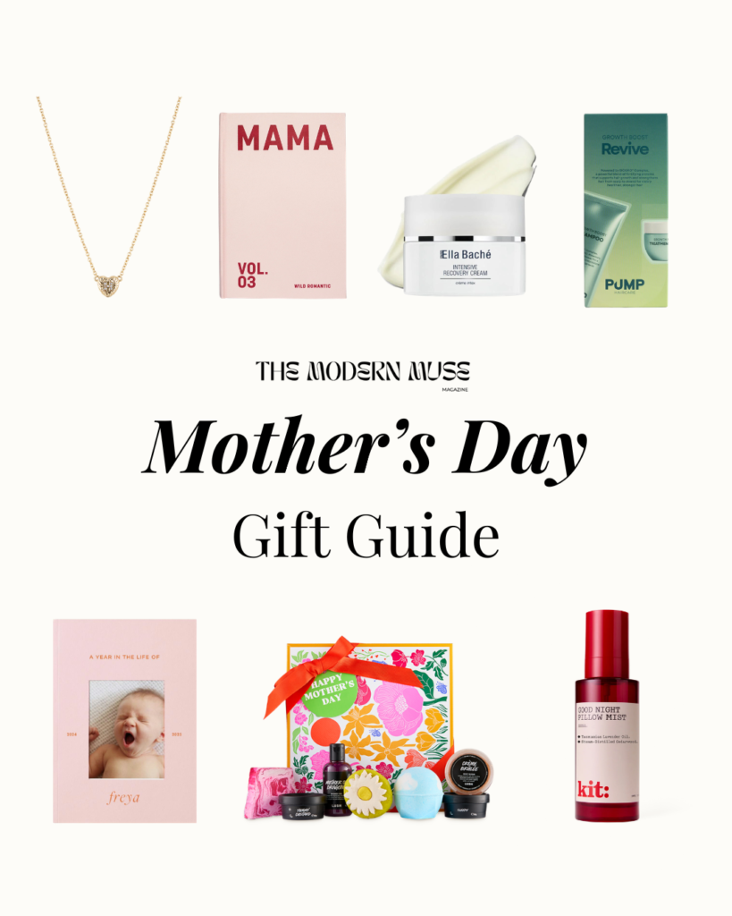 Mother’s Day Gift Guide collage featuring jewelry, skincare, haircare, a baby album, and colorful gift boxes.
