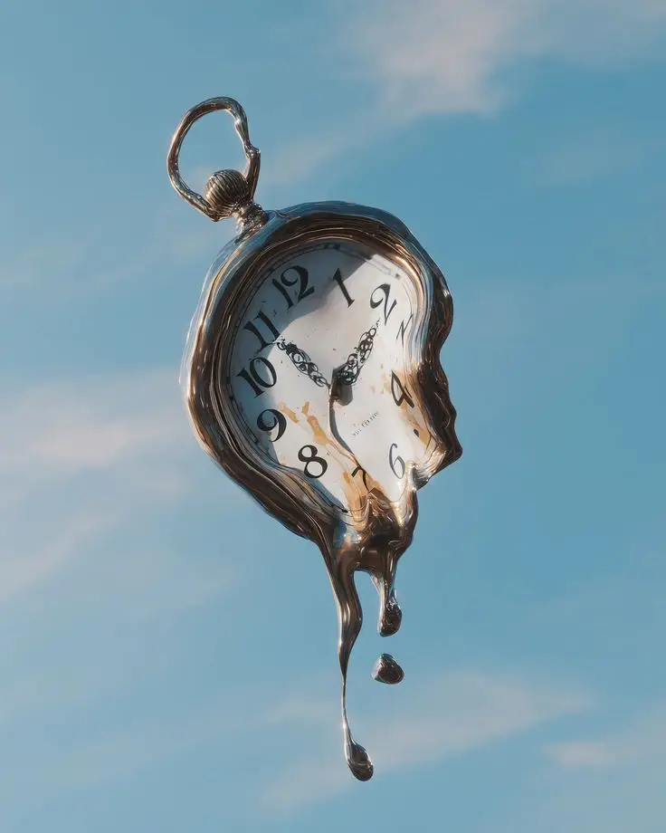 Melting pocket watch dripping like liquid metal against a clear blue sky.
