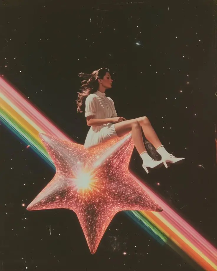 Woman in a white dress sits on a glowing, sparkling star with a rainbow trail across a dark starry background.
