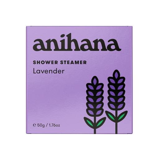 Purple Anihana lavender shower steamer box with black lavender stalk graphics on the right and size 50 g (1.76 oz) indicated on the front.