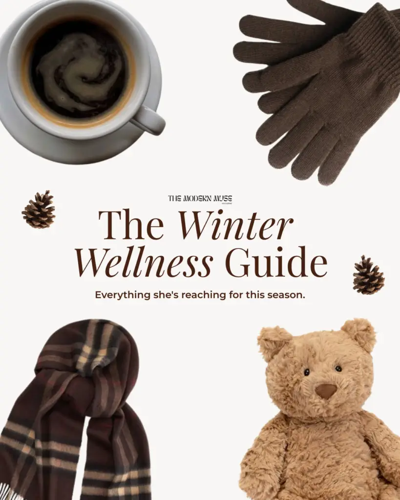 Cover of a winter wellness guide featuring a coffee cup, brown gloves, scarf, teddy bear, and pinecones around the title text.