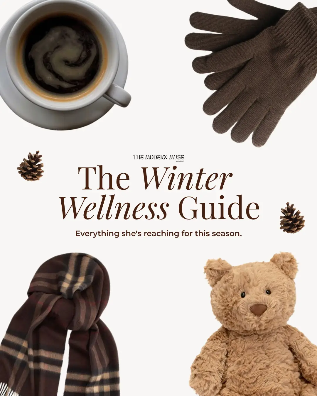 Cover of a winter wellness guide featuring a coffee cup, brown gloves, scarf, teddy bear, and pinecones around the title text.