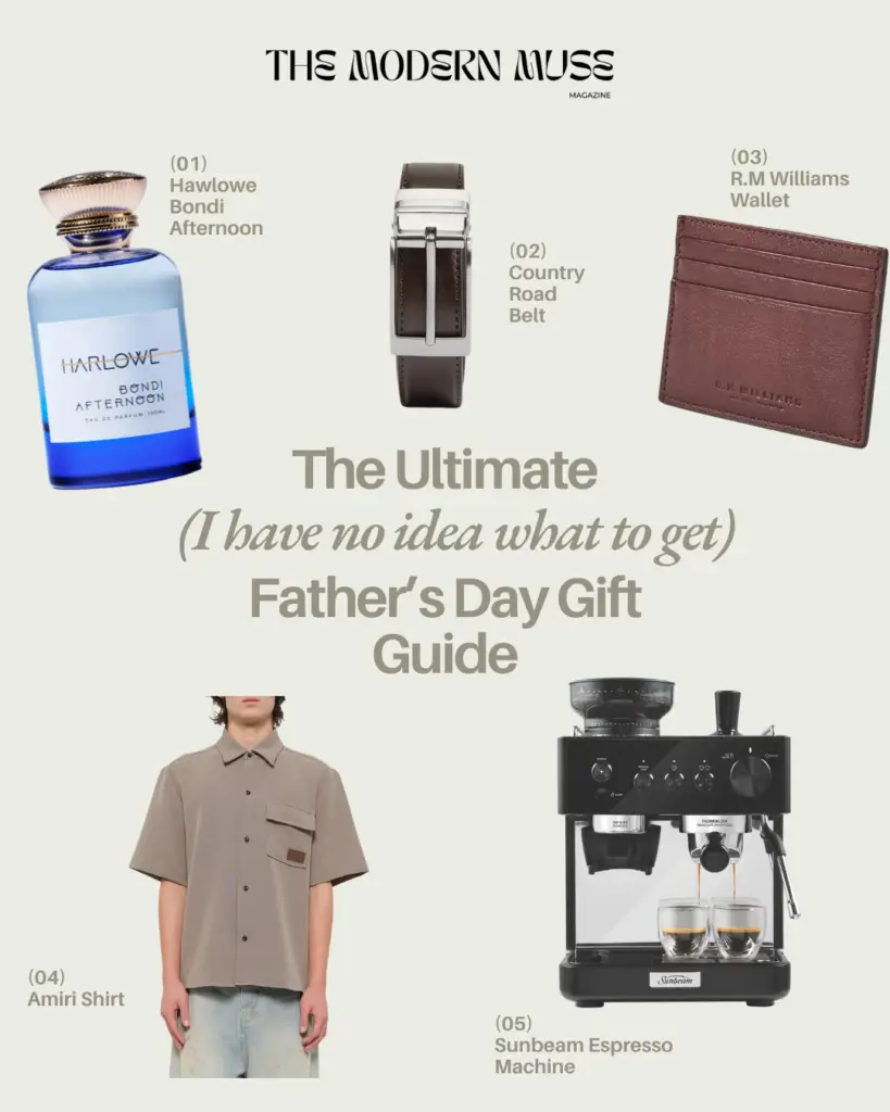 Fashioned as a Father's Day gift guide; features perfume, belt, wallet, shirt, and espresso machine on a light backdrop with a centered title.